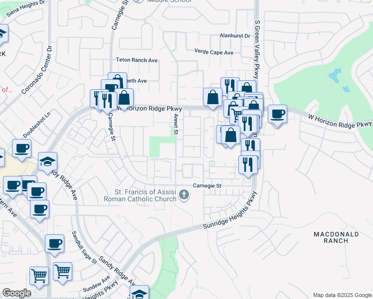 map of restaurants, bars, coffee shops, grocery stores, and more near 2305 West Horizon Ridge Parkway in Henderson
