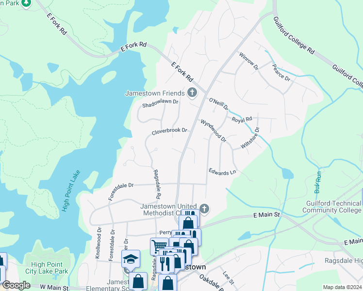 map of restaurants, bars, coffee shops, grocery stores, and more near 403 Guilford Road in Jamestown