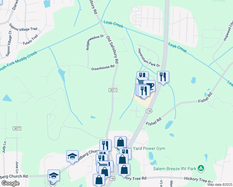 map of restaurants, bars, coffee shops, grocery stores, and more near 3141 Old Salisbury Road in Winston-Salem