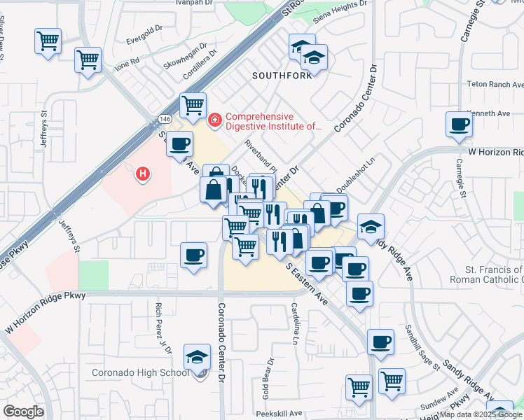 map of restaurants, bars, coffee shops, grocery stores, and more near 780 Coronado Center Drive in Henderson