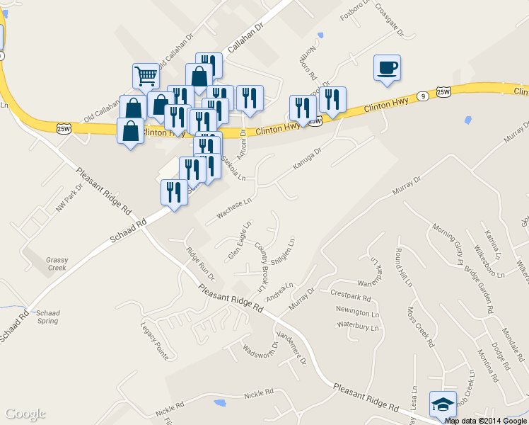 map of restaurants, bars, coffee shops, grocery stores, and more near 6205 Lantern Ridge Lane in Knoxville
