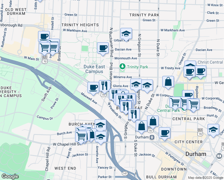 map of restaurants, bars, coffee shops, grocery stores, and more near 112 North Buchanan Boulevard in Durham