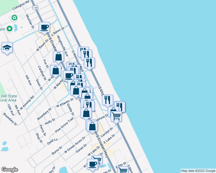 map of restaurants, bars, coffee shops, grocery stores, and more near 1307 South Virginia Dare Trail in Kill Devil Hills