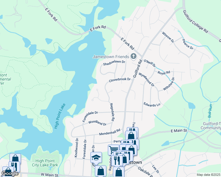 map of restaurants, bars, coffee shops, grocery stores, and more near 101 Cloverbrook Court in Jamestown