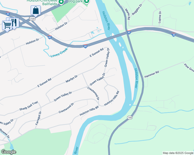 map of restaurants, bars, coffee shops, grocery stores, and more near 5809 Green Valley Drive in Knoxville