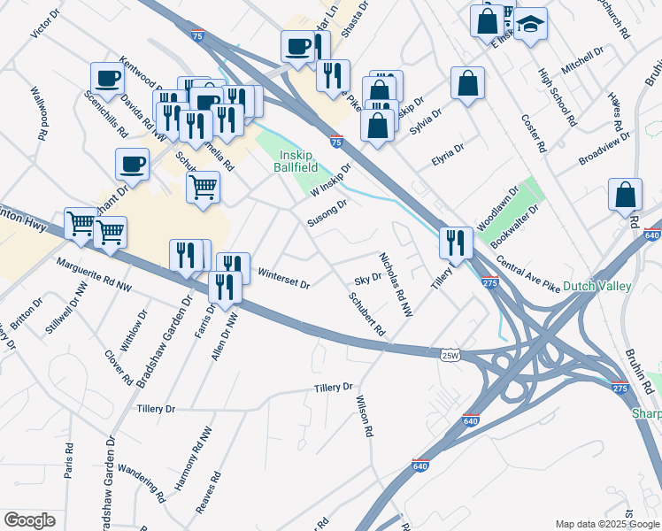 map of restaurants, bars, coffee shops, grocery stores, and more near 4700 Schubert Rd NW in Knoxville