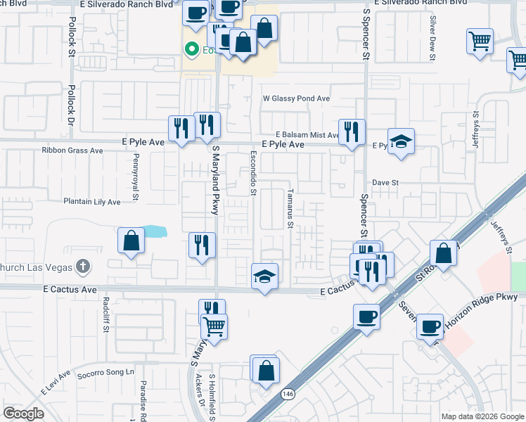 map of restaurants, bars, coffee shops, grocery stores, and more near 10292 Missouri Meadows Street in Las Vegas