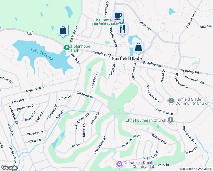 map of restaurants, bars, coffee shops, grocery stores, and more near 125 Eagle Lane in Crossville