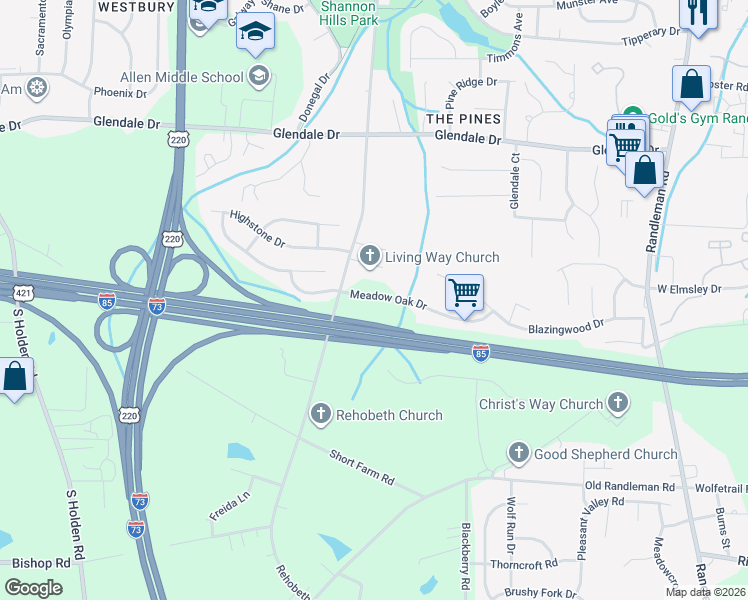 map of restaurants, bars, coffee shops, grocery stores, and more near 933 Meadow Oak Drive in Greensboro