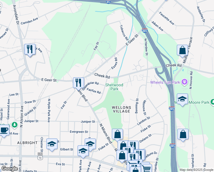 map of restaurants, bars, coffee shops, grocery stores, and more near 1714 Robinhood Road in Durham