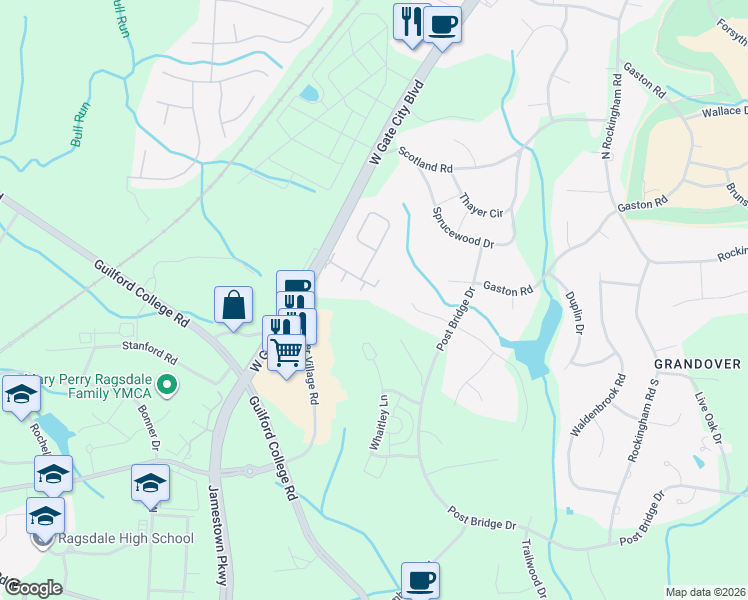 map of restaurants, bars, coffee shops, grocery stores, and more near 11 Pitlockry Place in Greensboro