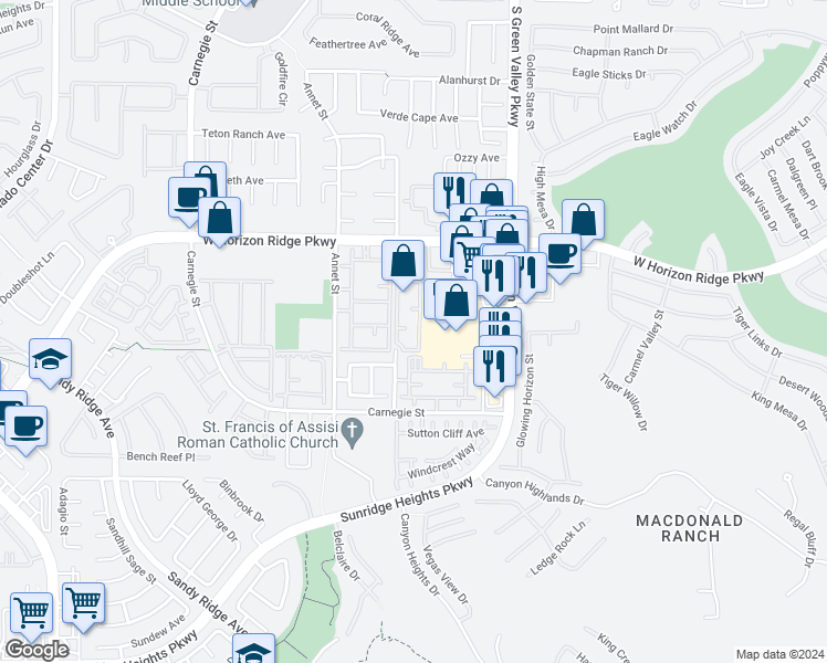 map of restaurants, bars, coffee shops, grocery stores, and more near 2291 West Horizon Ridge Parkway in Henderson