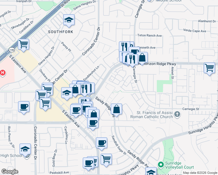 map of restaurants, bars, coffee shops, grocery stores, and more near 676 Tremaine Court in Henderson