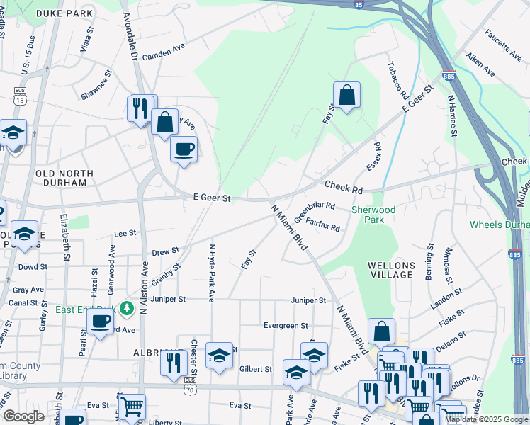 map of restaurants, bars, coffee shops, grocery stores, and more near 1213 Drew Street in Durham