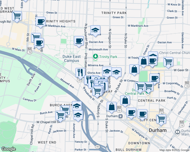 map of restaurants, bars, coffee shops, grocery stores, and more near 208 Watts Street in Durham
