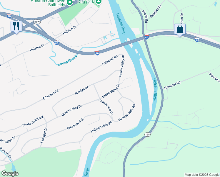 map of restaurants, bars, coffee shops, grocery stores, and more near 5809 Green Valley Drive in Knoxville
