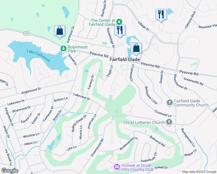 map of restaurants, bars, coffee shops, grocery stores, and more near 125 Eagle Lane in Crossville