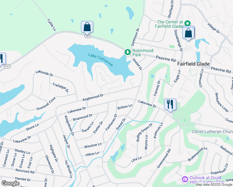 map of restaurants, bars, coffee shops, grocery stores, and more near 123 Anglewood Drive in Crossville