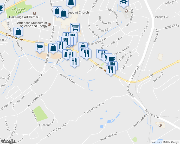 map of restaurants, bars, coffee shops, grocery stores, and more near 111 Inn Lane in Oak Ridge