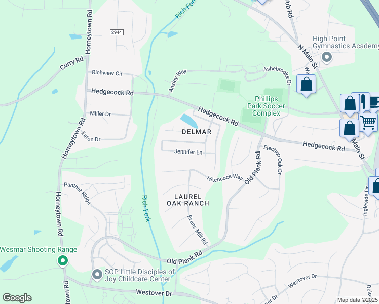 map of restaurants, bars, coffee shops, grocery stores, and more near 847 Jennifer Lane in High Point