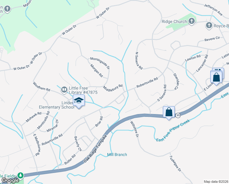 map of restaurants, bars, coffee shops, grocery stores, and more near 105 Middlebury Road in Oak Ridge
