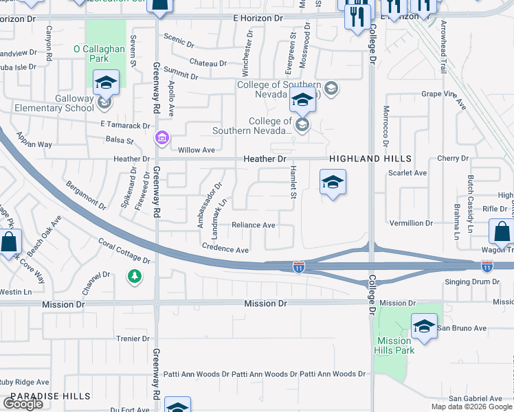 map of restaurants, bars, coffee shops, grocery stores, and more near 544 Vantage Avenue in Henderson