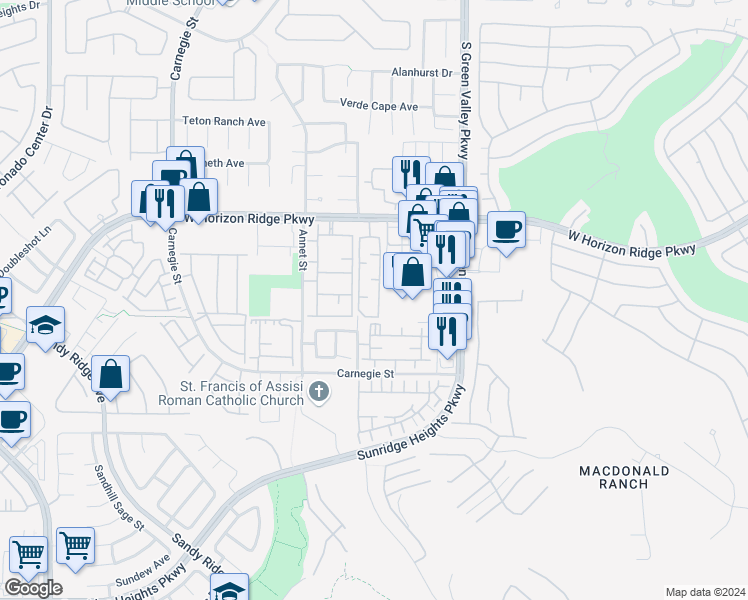 map of restaurants, bars, coffee shops, grocery stores, and more near 2291 West Horizon Ridge Parkway in Henderson