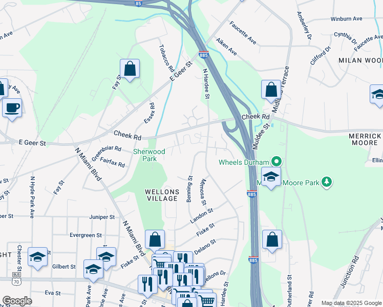 map of restaurants, bars, coffee shops, grocery stores, and more near 1125 Benning Street in Durham