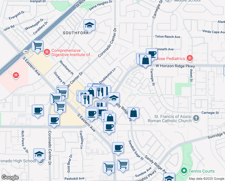 map of restaurants, bars, coffee shops, grocery stores, and more near 664 House Blend Lane in Henderson