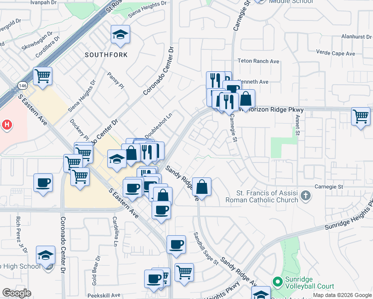 map of restaurants, bars, coffee shops, grocery stores, and more near 676 Tremaine Court in Henderson