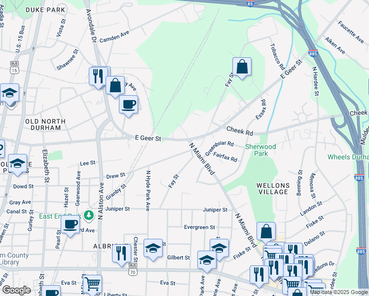 map of restaurants, bars, coffee shops, grocery stores, and more near 1303 Drew Street in Durham