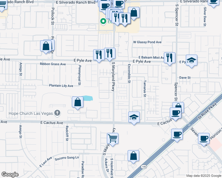 map of restaurants, bars, coffee shops, grocery stores, and more near 10245 South Maryland Parkway in Las Vegas