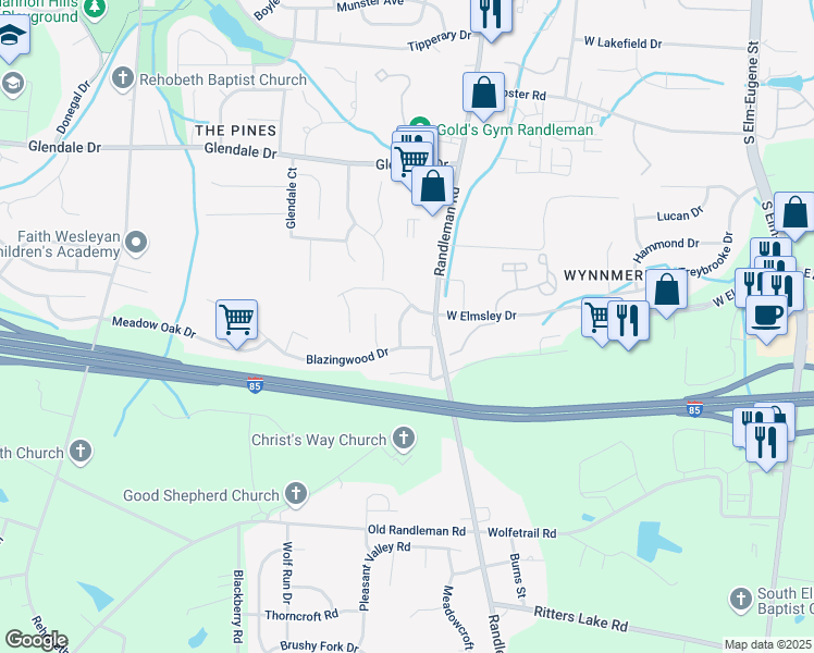 map of restaurants, bars, coffee shops, grocery stores, and more near 4237 Fairwood Drive in Greensboro