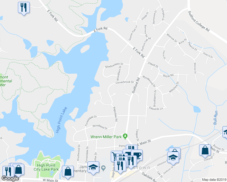 map of restaurants, bars, coffee shops, grocery stores, and more near 101 Cloverbrook Court in Jamestown