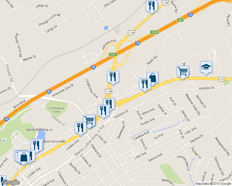 map of restaurants, bars, coffee shops, grocery stores, and more near 3949 Bonnie View Avenue in Knoxville