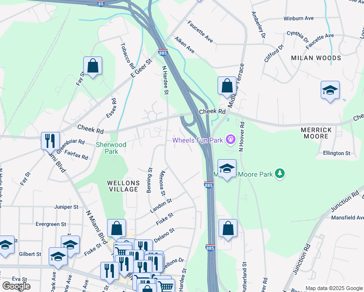 map of restaurants, bars, coffee shops, grocery stores, and more near 1220 Naples Place in Durham