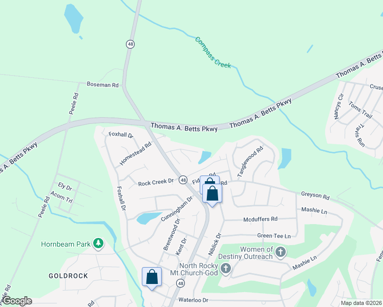map of restaurants, bars, coffee shops, grocery stores, and more near 1349 Northridge Drive in Rocky Mount