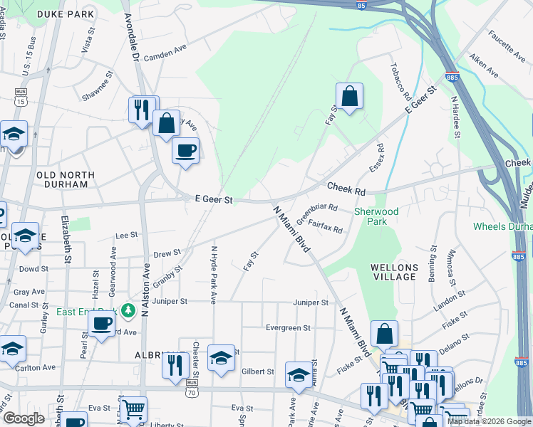 map of restaurants, bars, coffee shops, grocery stores, and more near 1303 Drew Street in Durham