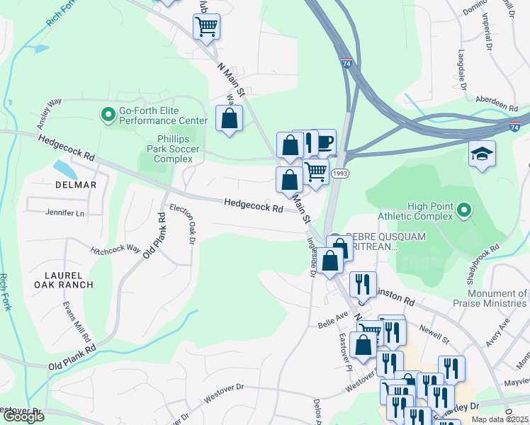 map of restaurants, bars, coffee shops, grocery stores, and more near 131 Hedgecock Road in High Point