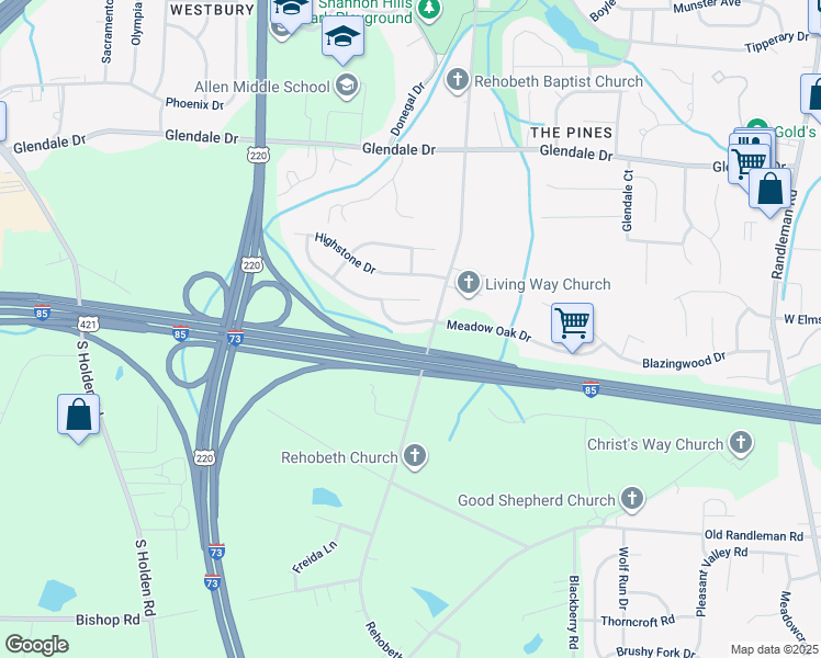 map of restaurants, bars, coffee shops, grocery stores, and more near 1005 Meadow Oak Drive in Greensboro