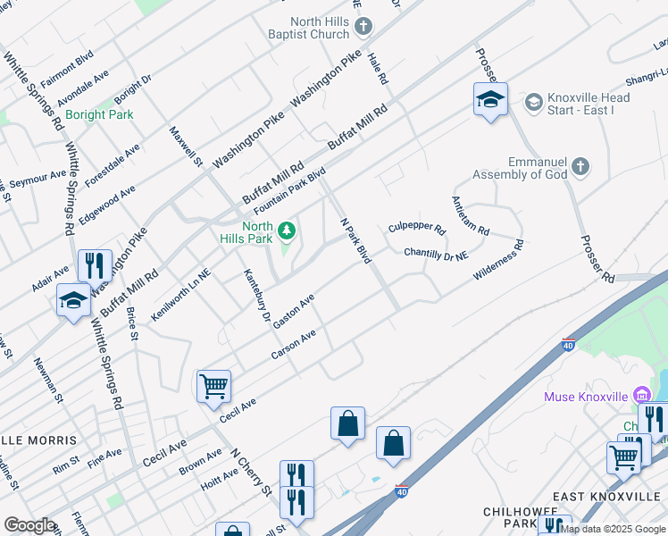 map of restaurants, bars, coffee shops, grocery stores, and more near 3022 North Hills Boulevard in Knoxville