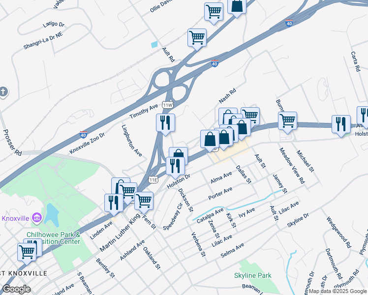 map of restaurants, bars, coffee shops, grocery stores, and more near 3927 Linden Avenue in Knoxville