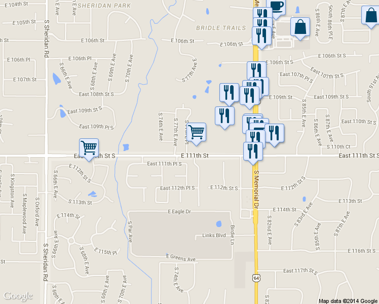 map of restaurants, bars, coffee shops, grocery stores, and more near 11017 S 77th E Pl in Tulsa