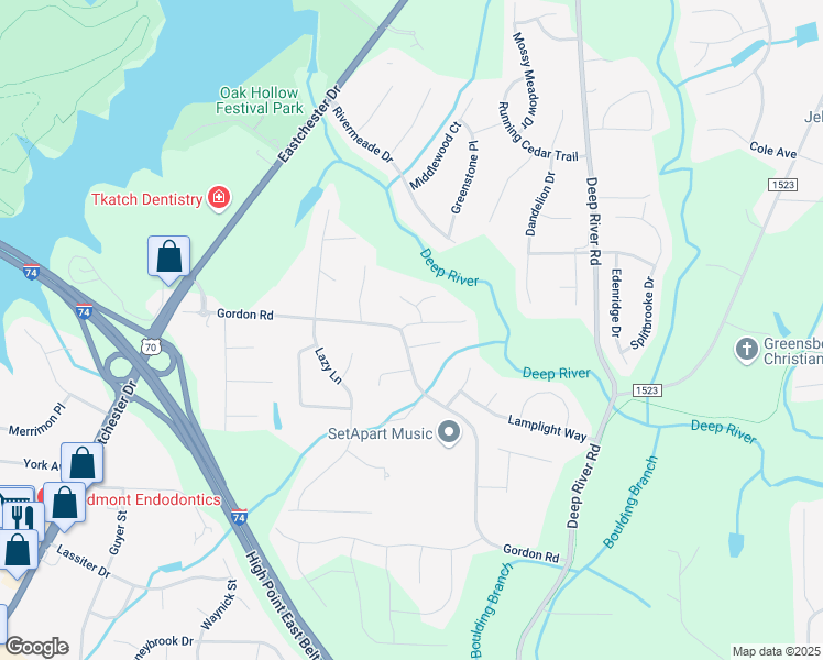 map of restaurants, bars, coffee shops, grocery stores, and more near 1800 Rivertrace Point in High Point