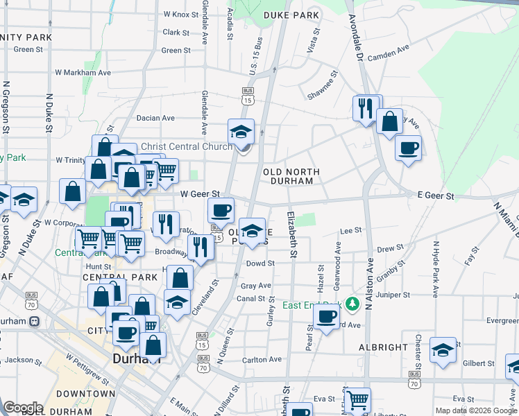 map of restaurants, bars, coffee shops, grocery stores, and more near 208 East Geer Street in Durham