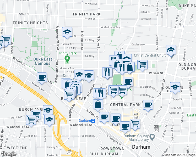 map of restaurants, bars, coffee shops, grocery stores, and more near 501 North Duke Street in Durham