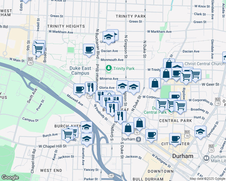 map of restaurants, bars, coffee shops, grocery stores, and more near 208 Watts Street in Durham