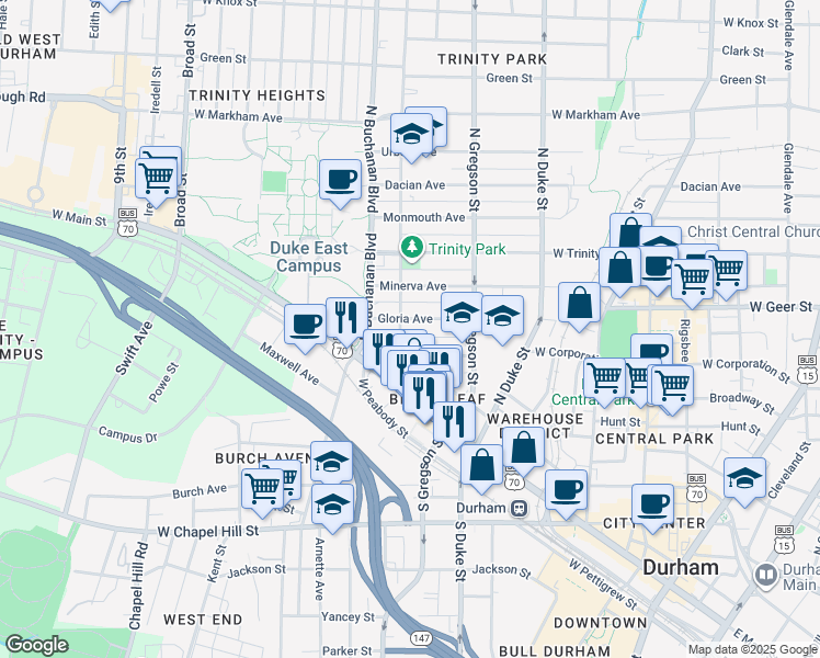 map of restaurants, bars, coffee shops, grocery stores, and more near 208 Watts Street in Durham