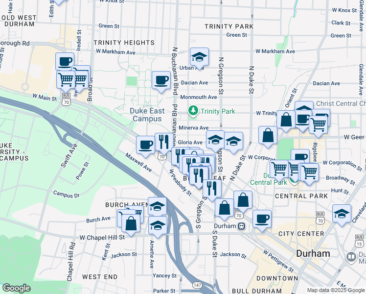 map of restaurants, bars, coffee shops, grocery stores, and more near 112 North Buchanan Boulevard in Durham