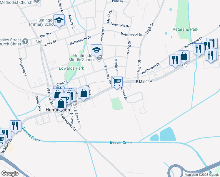 map of restaurants, bars, coffee shops, grocery stores, and more near 20134 East Main Street in Huntingdon